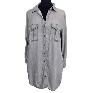 Philosophy Button Up Shirt Dress Tunic Gray Pockets Roll-Tab Sleeves Size L